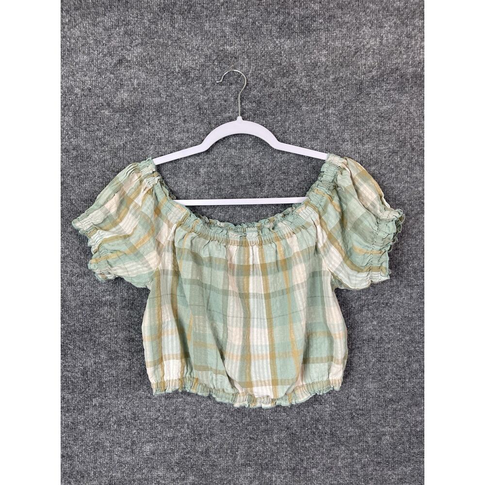 American Eagle Green Plaid Cotton‎ Off Shoulder Puff Sleeve Crop Top Size S/P/CH